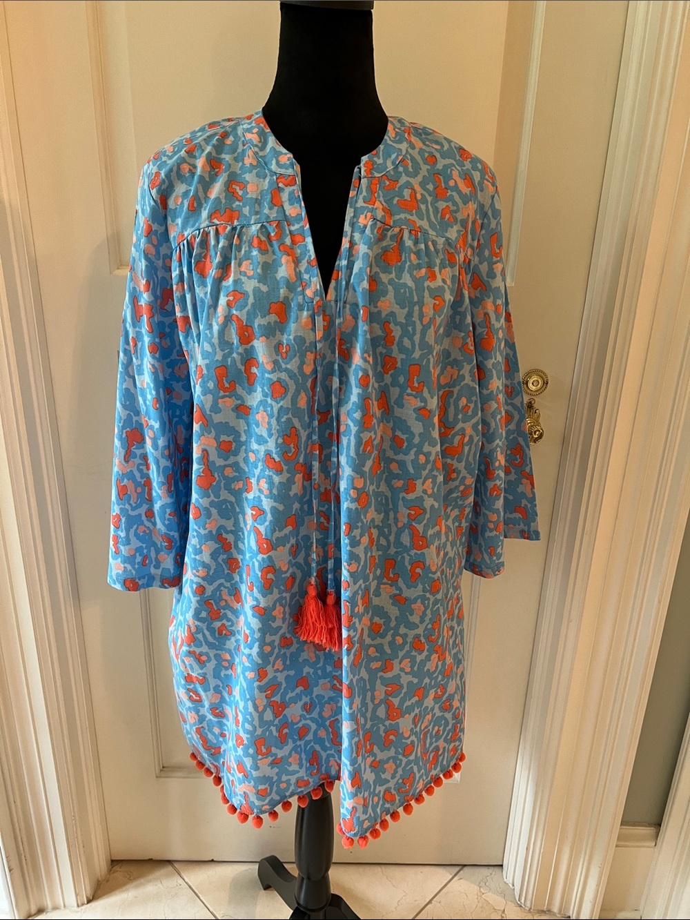 Light Blue & Coral Patterned Women's Coverup with Tassel Trim